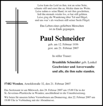 Traueranzeige von Paul Schneider von Tageszeitung