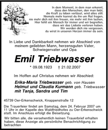 Traueranzeige von Emil Triebwasser von Tageszeitung