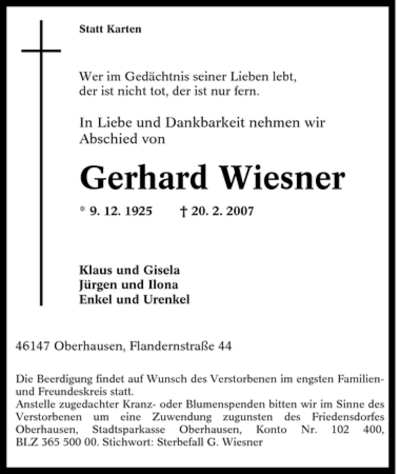  Traueranzeige für Gerhard Wiesner vom 22.02.2007 aus Tageszeitung