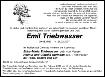 Traueranzeige von Emil Triebwasser von Tageszeitung