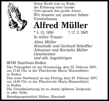 Traueranzeige von Alfred Müller von Tageszeitung