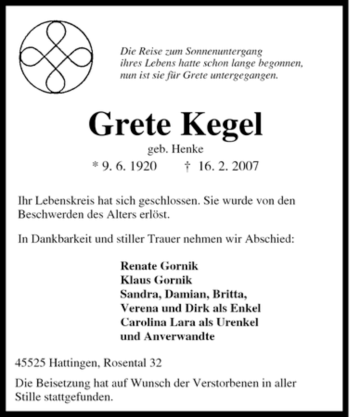 Traueranzeige von Grete Kegel von Tageszeitung