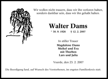 Traueranzeige von Walter Dams von Tageszeitung
