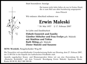 Traueranzeige von Erwin Maleski von Tageszeitung
