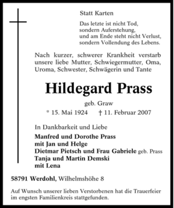 Traueranzeige von Hildegard Prass von Tageszeitung