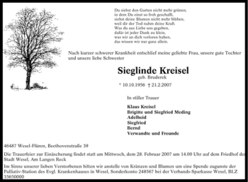 Traueranzeige von Sieglinde Kreisel von Tageszeitung