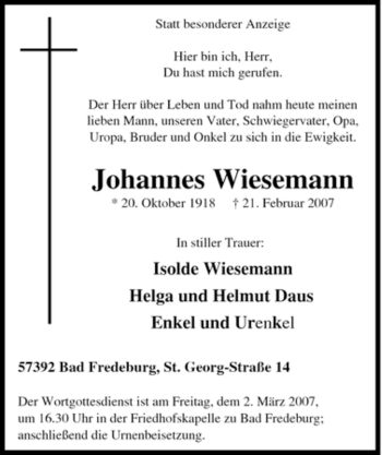 Traueranzeige von Johannes Wiesemann von Tageszeitung