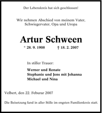 Traueranzeige von Artur Schween von Tageszeitung