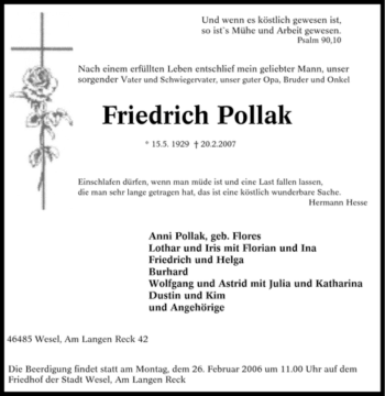 Traueranzeige von Friedrich Pollak von Tageszeitung