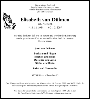 Traueranzeige von Elisabeth van Dülmen von Tageszeitung