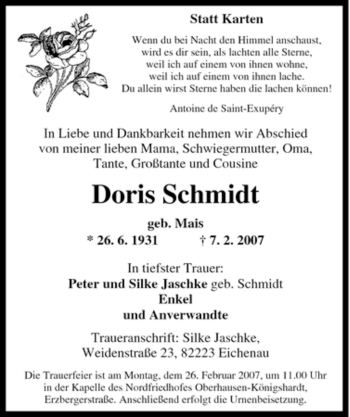 Traueranzeige von Doris Schmidt von Tageszeitung