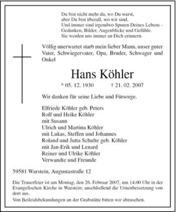 Traueranzeige von Hans Köhler von Tageszeitung