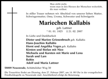 Traueranzeige von Mariechen Kallabis von Tageszeitung