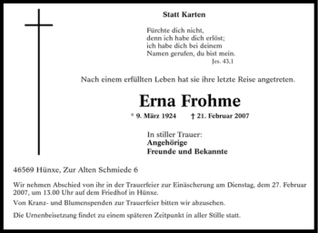 Traueranzeige von Erna Frohme von Tageszeitung