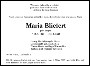 Traueranzeige von Maria Bliefert von Tageszeitung