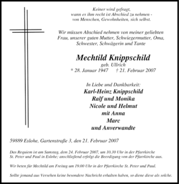 Traueranzeige von Mechtild Knippschild von Tageszeitung