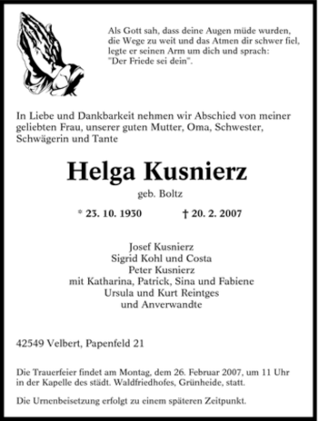 Traueranzeige von Helga Kusnierz von Tageszeitung