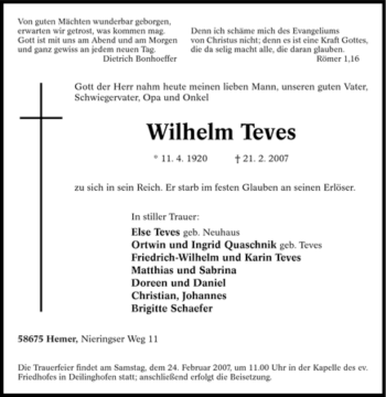 Traueranzeige von Wilhelm Teves von Tageszeitung