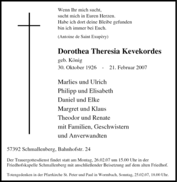 Traueranzeige von Dorothea Theresia Kevekordes von Tageszeitung