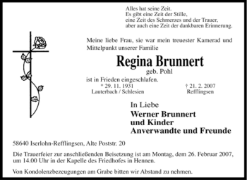 Traueranzeige von Regina Brunnert von Tageszeitung