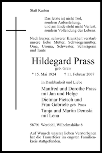 Traueranzeige von Hildegard Prass von Tageszeitung