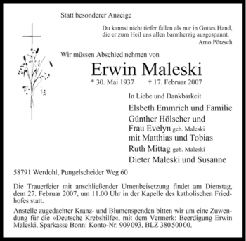 Traueranzeige von Erwin Maleski von Tageszeitung
