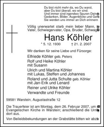 Traueranzeige von Hans Köhler von Tageszeitung