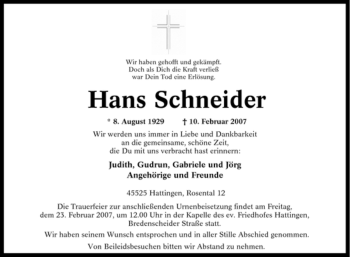 Traueranzeige von Hans Schneider von Tageszeitung