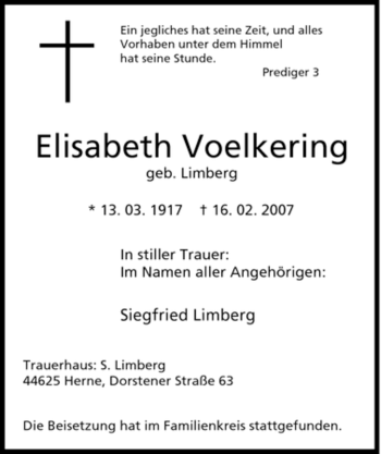 Traueranzeige von Elisabeth Voelkering von Tageszeitung