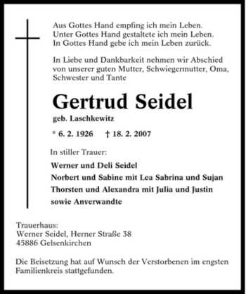 Traueranzeige von Gertrud Seidel von Tageszeitung