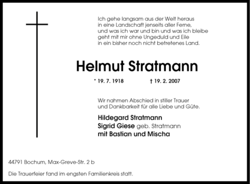  Traueranzeige für Helmut Stratmann vom 24.02.2007 aus Tageszeitung