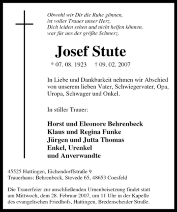 Traueranzeige von Josef Stute von Tageszeitung
