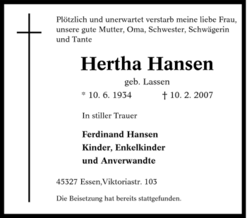 Traueranzeige von Hertha Hansen von Tageszeitung