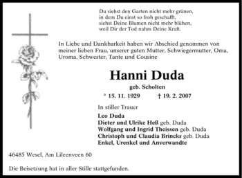 Traueranzeige von Hanni Duda von Tageszeitung