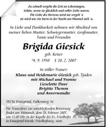 Traueranzeige von Brigida Giesick von Tageszeitung