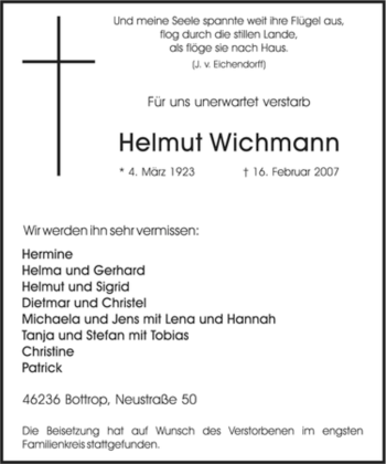 Traueranzeige von Helmut Wichmann von Tageszeitung