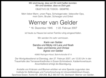 Traueranzeige von Werner van Gelder von Tageszeitung