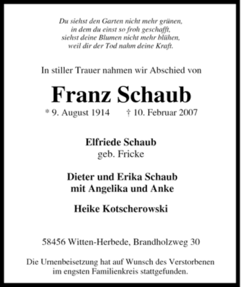 Traueranzeige von Franz Schaub von Tageszeitung
