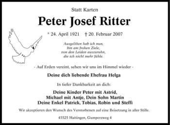 Traueranzeige von Peter Josef Ritter von Tageszeitung