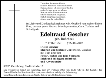 Traueranzeige von Edeltraud Gescher von Tageszeitung