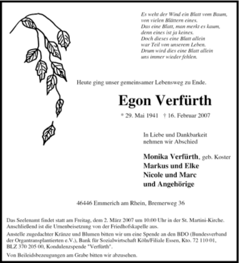 Traueranzeige von Egon Verfürth von Tageszeitung