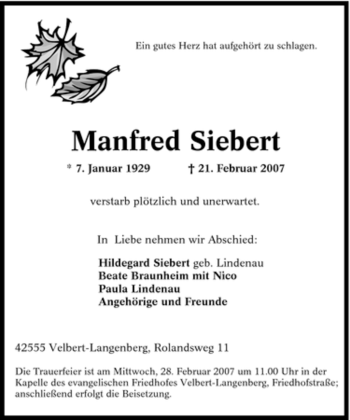 Traueranzeige von Manfred Siebert von Tageszeitung