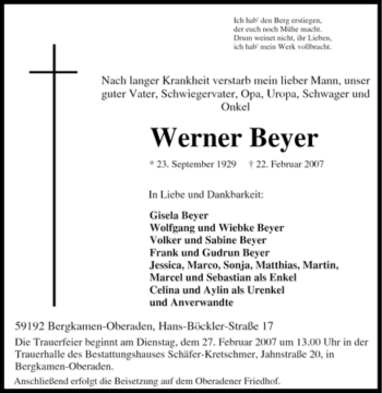 Traueranzeige von Werner Beyer von Tageszeitung