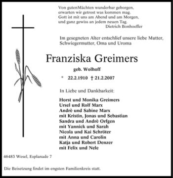 Traueranzeige von Franziska Greimers von Tageszeitung