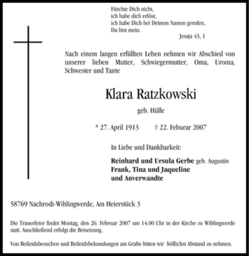 Traueranzeige von Klara Ratzkowski von Tageszeitung