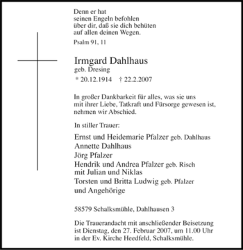 Traueranzeige von Irmgard Dahlhaus von Tageszeitung
