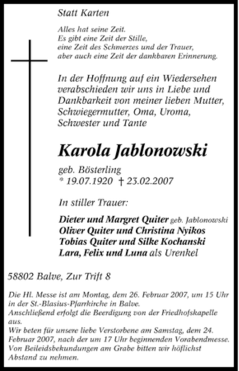 Traueranzeige von Karola Jablonowski von Tageszeitung