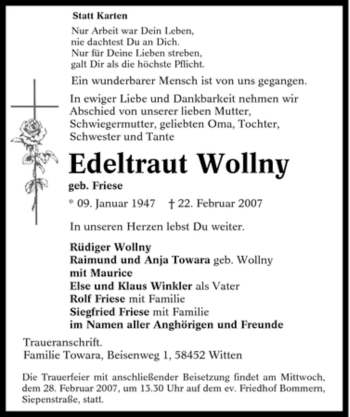Traueranzeige von Edeltraut Wollny von Tageszeitung