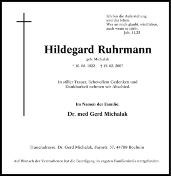 Traueranzeige von Hildegard Ruhrmann von Tageszeitung
