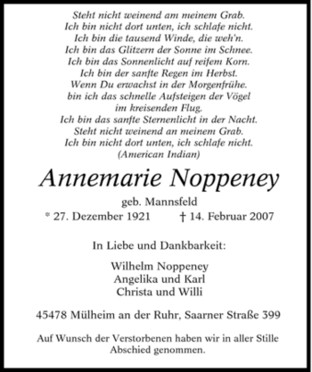Traueranzeige von Annemarie Noppeney von Tageszeitung